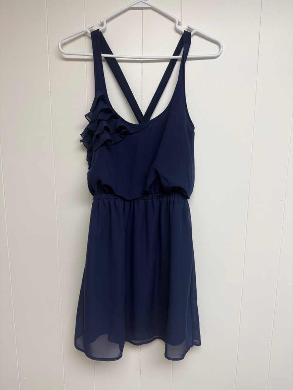 Navy Ruffle Crossback Dress
